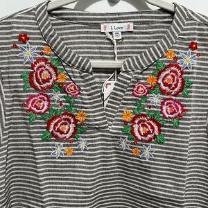 NWT L. Love Gray Striped Floral Embroidered Blouse